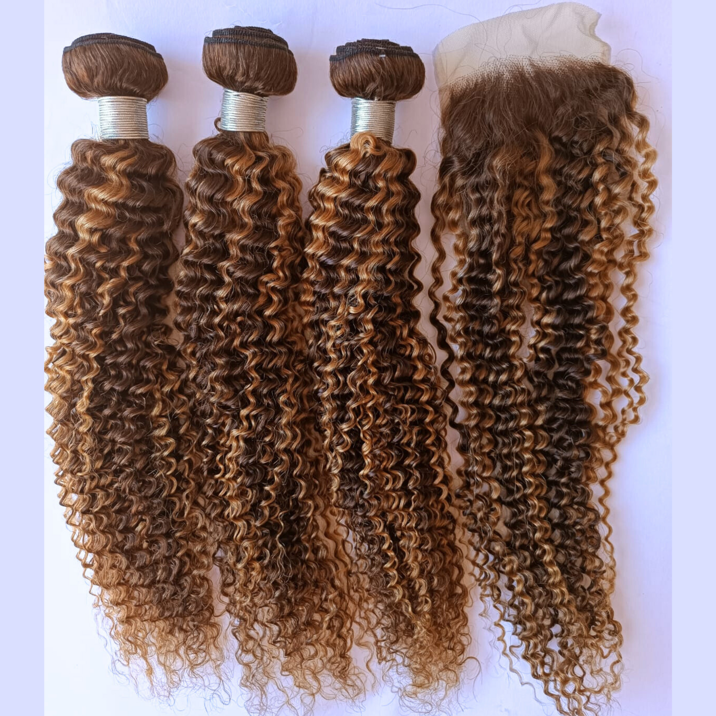 Dark Brown with Honey Blonde Highlights Curly Bundle - 100% Human Hair