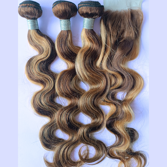 Dark Brown with Honey Blonde Highlights Body Wave Hair Bundle - 100% Human Hair