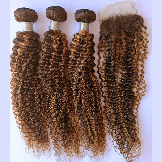 Dark Brown with Honey Blonde Highlights Curly Bundle - 100% Human Hair