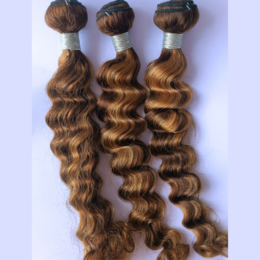 Dark Brown with Honey Blonde Highlights Loose Deep Curls Bundle - 100% Human Hair