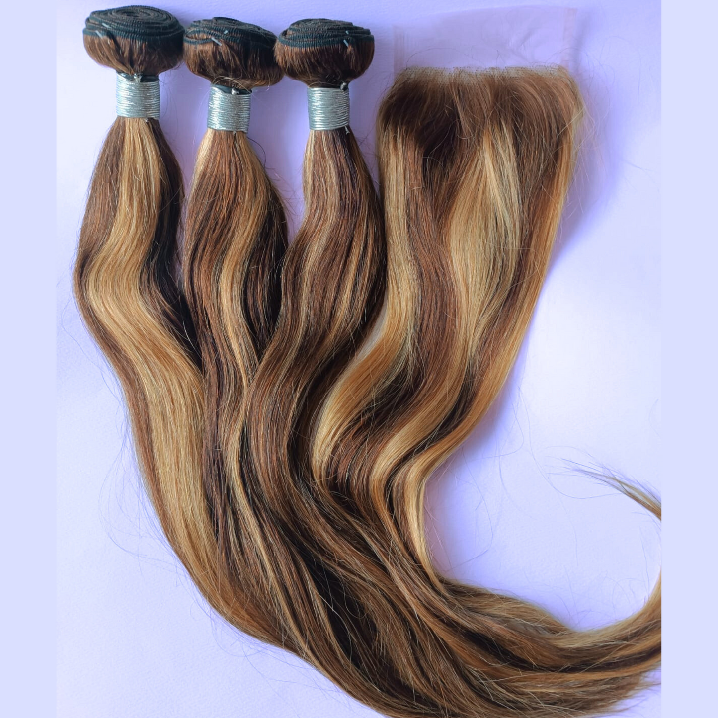 Dark Brown with Honey Blonde Highlights Straight Hair Bundle - 100% Human Hair