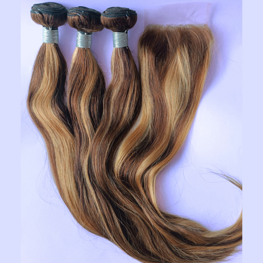 Dark Brown with Honey Blonde Highlights Straight Hair Bundle - 100% Human Hair